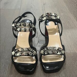 Size39 BRAND NEW Christian Louboutin Black Leather Pyramid  Stud Strappy Sandals